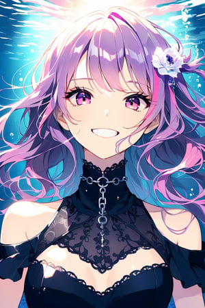 solo, looking at viewer,  missy hair, black blouse, 1girl,cool look , girl focus, purple hair, multicolored, grin, chain,, portrait,pink eyes ,underwater,close mouth,femenine focus,annoying, purple hair, long hair, hime cut, pink tips, screensaver, wallpaper