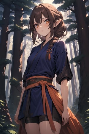 Natural Light, (Best Quality, highly detailed, Masterpiece), (beautiful and detailed eyes), (detailed hair), (Fantasy aesthetic style), (delicate background), ((cowboy shot)), (from high), shinobi, beautiful Indian girl, 23 year old,1girl, lotr elf, amber colored eyes, brown hair, A beautiful young elven ninja, clad in navy shinobi shozoku, with a red sash, stands confidently in a beautiful 
forest landscape.