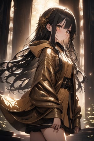 Kyoto Animation style anime, long hair, beautiful, sexy black-haired woman, ethereal, (16 years old), with detailed and gorgeous hooded kimono, golden hooded kimono, miniskirt, fantasy punk. Cinematic lighting, ethereal light, intricate detail, extremely detailed, incredible detail, full color, intricate detail, extremely detailed and intricate, ultra-minimalist, extremely detailed, rich in color. Masterpiece, best quality, HDR, UHD, Unreal Engine. Representative, fair skin, rich details and high quality, gorgeous, 8k, ultra-details, gorgeous light and shadow, meticulous decoration, meticulous lines, glitter