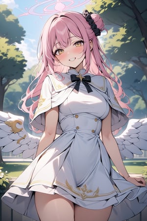 (8K, masterpiece,best quality, good anatomy:1.25), mika misono, yellow eyes, pink hair, hair bun, halo, single side bun,angel wings, black scrunchi, capelet, dress, halo, low wings, pink halo, scrunchie, white capelet, white dress, white wings ,smile ,cowboy_shot,park,