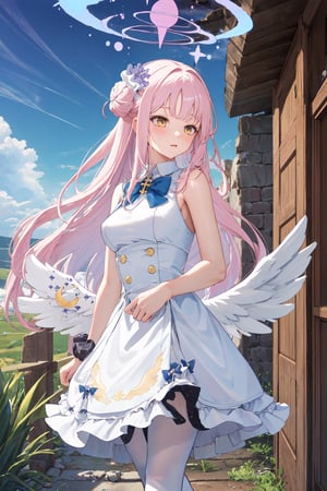  best quality, highres, aamika, halo, long hair, hair flower, angel wings, white wings, low wings, angel wings, crescent, sleeveless, blue bow, frills, white dress, wrist scrunchie, white pantyhose, , ruins, walking, cowboy shot, capelet,nsfw,skirt_lift,exposed_pussy
