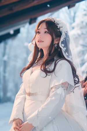 nsfw, background snow covered forest,a hunter, 1 girl, beautiful korean girl, smile, solo, (beautiful and detailed eyes), hazel, eyes, calm expression, delicate facial features, Glamour body type, (dark hair:1.2), simple tiny earrings,(very_long_hair), hair past hip, bang, straight hair, flim grain, realhands, masterpiece, Best Quality, 16k, photorealistic, ultra-detailed, finely detailed, high resolution, perfect dynamic composition, beautiful detailed eyes, eye smile, ((nervous and embarrassed)), sharp-focus, (standing, full_body),girl,((bride)), 1 Woman