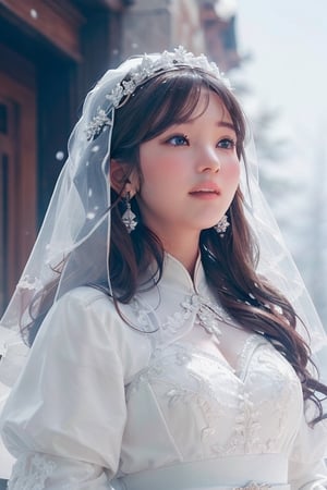 nsfw, background snow covered forest,a hunter, 1 girl, beautiful korean girl, smile, solo, (beautiful and detailed eyes), hazel, eyes, calm expression, delicate facial features, Glamour body type, (dark hair:1.2), simple tiny earrings,(very_long_hair), hair past hip, bang, straight hair, flim grain, realhands, masterpiece, Best Quality, 16k, photorealistic, ultra-detailed, finely detailed, high resolution, perfect dynamic composition, beautiful detailed eyes, eye smile, ((nervous and embarrassed)), sharp-focus, (standing, full_body),girl,((bride)), 1 Woman