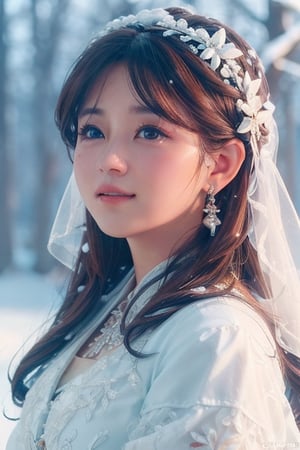 nsfw, background snow covered forest,a hunter, 1 girl, beautiful korean girl, smile, solo, (beautiful and detailed eyes), hazel, eyes, calm expression, delicate facial features, Glamour body type, (dark hair:1.2), simple tiny earrings,(very_long_hair), hair past hip, bang, straight hair, flim grain, realhands, masterpiece, Best Quality, 16k, photorealistic, ultra-detailed, finely detailed, high resolution, perfect dynamic composition, beautiful detailed eyes, eye smile, ((nervous and embarrassed)), sharp-focus, (standing, full_body),girl,((bride)), 1 Woman