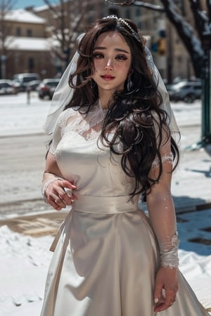 nsfw, background snow covered forest,a hunter, 1 girl, beautiful korean girl, smile, solo, (beautiful and detailed eyes), hazel, eyes, calm expression, delicate facial features, Glamour body type, (dark hair:1.2), simple tiny earrings,(very_long_hair), hair past hip, bang, straight hair, flim grain, realhands, masterpiece, Best Quality, 16k, photorealistic, ultra-detailed, finely detailed, high resolution, perfect dynamic composition, beautiful detailed eyes, eye smile, ((nervous and embarrassed)), sharp-focus, (standing, full_body),girl,((bride)), 1 Woman,ruanyi0288