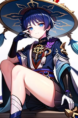  ((masterpiece)),(best quality),high quality,1boy,scaramouche, genshin impact,Large hat, dark conical hat with a wide brim and dangling tassels,Dark blue traditional-inspired robe with gold and red accents, high collar, ornate gloves,Short, spiky dark blue hair, piercing glowing blue eyes,