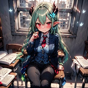 (Cute two-headed character, chibi character, moving chibi character, full body chibi character),BREAK 1 girl, (solo), (16 years old),
 (fluffy, fragrant, shiny green hair, yellow-green inside, hair starting to dye),
(noble's long hair: 1.2), ((red eyes, beautiful as a jewel)), (short, pointed ears, succubus's short, pointed ears: 1)
Blake, (girl focus, female breasts), (blue eyes, beautiful as a jewel), embarrassed expression, BREAK, studying in a school library or studying in a classroom, (open notebook illustration, old illustration of a female demon in a book illustration:), (pencil drawing of a succubus in an ancient manuscript, old ancient manuscript), BREAK, dark blue blazer uniform, white collar shirt, long sleeves, (blue tie), (checkered blazer pants, checkered pants), dark jacket, peeking, BREAK viewer, (focus on face), sitting in a chair studying, concentrating, tilting head, (cute gestures: 1.2), ((blue cross earrings, blue inside of hair), blue butterfly hair ornament on head