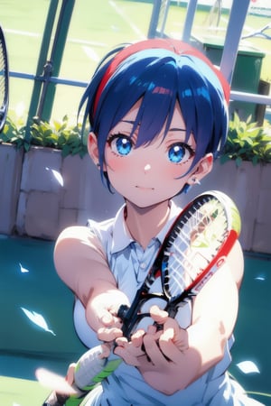 Paris Olympics, (((Tennis))), (white, red, blue), visor cap, white dress, short dress, sleeveless, wristband, tennis uniform, (tricolor lines), tennis racket and ball, beautiful anime woman, single girl, Blake ((short pointed ears, succubus demon ears: 0.7)), shiny black hair, ((very short hair)), boyish girl, cross lace choker, cross necklace, cross earrings, blue butterfly hair accessory, Blake, vibrant colors, sharp focus, best quality, depth of field, cinematic lighting, (illustration, 8k CG, very detailed), ultra detailed, high resolution, firefly, perfect light, stylish pose, 8k, very clear, best quality, high resolution. Top quality, illustration, saxe blue, 1 girl, cute, (dynamic lighting: 1.2), cinematic lighting, delicate features, detailed eyes, sharp pupils, realistic pupils, depth of field, bokeh, sharp focus, (ultra detail, bloom, glow: 1.4), lots of little gems