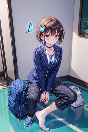 (masterpiece, best quality), high resolution, artistic composition, cute, pretty, ((solo, one girl)), (boyish girl), (very short hair, very short hair), boyish girl, crossdressing girl, lively girl, Blake, (full body), (wearing sneakers), socks, (beautiful blue eyes), jewel-like blue eyes, (shiny black hair), black hair, (hair with color inside), blue hair in the back, two-tone hair, Blake, (school bag), carrier bag, cross lace choker, cross necklace, cross earrings, (short pointed ears, succubus demon ears: 0.5 ) Blake, blue butterfly hair accessory, (cross hairpin), (small pink hair accessory above the ears: 0.4), Blake, dark blue blazer uniform, dark blue high school uniform, light plaid pants, (checked slacks), (checked uniform pants), (blue tie), white dress shirt, collarbone, chest, uniform, (Succubus, Voluptuous Feminine Beauty: 0.4) Blake, (training shoes), boyish sneakers, high school shoes, black no shoes, socks, Blake, checkered pants, stripes, check, blue slacks, navy blue pants, high school blazer, (hands between legs), blue tie, striped tie,, hair accessory, blue butterfly, pink ribbon hair accessory