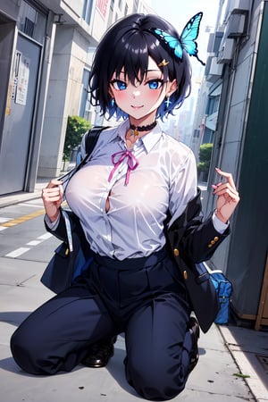 Masterpiece, best quality, super detailed, high resolution,((one girl solo)),
((school gakuran uniform
gakuran neck hook))
girl 1 person, (neck hook of school uniform), (school uniform), big breasts, school uniform, (school uniform, pants), school uniform student, white shirt, Taisho Roman:1.2), pants, slacks, (wearing school uniform, school uniform, gold buttons), open clothes, double jacket, succubus girl, beautiful and detailed, elegant, full body, female, young, beautiful, face, smile, big breasts, very small pink hair ribbon, ribbon under hair, ribbon next to ear, beautiful blue eyes that captivate the viewer, (((boyish beautiful girl))), (((very short hair))), very cute and beautiful like a boy, (((eye shadow))), (big breasts), beautiful breasts, (((beautiful black hair))), (shiny black hair:1.3), ((very short hair, boyish beautiful girl)), blue butterfly hair ornament, lace choker, cross accessory, earrings, blue hair ornament, (small pink ribbon hair ornament:0.6)