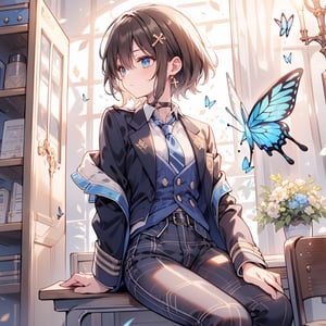 Masterpiece, Best Quality, 2020 Anime, Succubus Queen, 
(1 female, solo), smile, short hair, bangs, jewel blue eyes, hair ornament, long sleeves, hair between the eyes, school uniform, jacket, white shirt, (light brown black hair) cross earrings blue or shiny , open clothes, lace choker with cross, stripes, collared shirt, pants, (dark blue uniform with open jacket), dress shirt, checked pants, slightly shiny hair waves, uniform blazer, fluttering butterfly, blue tie, cross Hairpin, butterfly hair ornament, hidden shirt, striped blue tie, blue butterfly, (plaid uniform pants), (night), background Dining room at night,
break,
(Cute sitting model pose), (hand between legs: 1.2), (leaning forward: 1), (cowboy shot: 1.4), (from the front), (from diagonally in front: 1.3), staring) Observer: 1.4), (upward gaze: 1.2),
break,
(Underwear: 1.3), (Black stockings: 1.2), High heels,
break,
(Standing: 1.3), dynamic pose,
break,
(blush: 1.2), (smile: 1.3),
break,
(Whole body: 0.4), (From the side: 1.2), (Profile: 0.6), (From the front: 1.4),
break,
(Closet room with lots of clothes: 1.4),
break,
dynamic angle,
break,
(Pale and vivid colors: 0.6), (Real: 0.6), (Ultra wide-angle shooting: 0.6), (White background: 0.6),virgin destroyer sweater