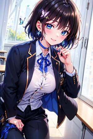 Masterpiece, best quality, super detailed, high resolution,((one girl solo)),
girl 1 person, 
school gakuran uniform
gakuran neck hook

school uniform

gakuran pants
uniform white shirt

uniform black slacks

gakuran gold buttons

open clothes,
double jacket,

big breasts
very short hair,
boyish beautiful girl


(neck hook of school uniform), (school uniform), big breasts, school uniform, (school uniform, pants), school uniform student, white shirt, Taisho Roman:1.2), pants, slacks, (wearing school uniform, school uniform, gold buttons), open clothes, double jacket, succubus girl, beautiful and detailed, elegant, full body, female, young, beautiful, face, smile, big breasts, very small pink hair ribbon, ribbon under hair, ribbon next to ear, beautiful blue eyes that captivate the viewer, (((boyish beautiful girl))), (((very short hair))), very cute and beautiful like a boy, (((eye shadow))), (big breasts), beautiful breasts, (((beautiful black hair))), (shiny black hair:1.3), ((very short hair, boyish beautiful girl)), blue butterfly hair ornament, lace choker, cross accessory, earrings, blue hair ornament, (small pink ribbon hair ornament:0.6)