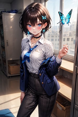 Masterpiece, highest quality, illustration, succubus princess, cute, cute,
full body, standing, sneakers,
 (portrait: 1), (close-up:1), (((1 girl, solo))), looking at viewer, blushing, 
blue eyes、
(Very short hair:1.4), (((boyish beautiful girl))), (sensual gestures:1.3), ((undressing:0.5)),

Her blue jewel-like eyes are so beautiful that you can almost be sucked into them.
Short hair, small braids (bangs are black and brown), hair between black and brown, holy cross hair ornament, shining blue cross hair ornament, blue cross clip, shiny inner hair (brown and blue) two-tone hair)

Accessories include gold and silver jewelry, x hair ornaments, and cross hair clips.
Butterfly earrings, butterfly & jewel choker (earrings & choker), (silk jet black lace choker), feminine black lace choker

Butterfly earrings, butterfly and jewel choker,
(Earrings and Chokers), A choker is a jet black lace choker accessory that resembles silk women's underwear or gold or silver jewelry.

short hair, bangs, blue eyes, brown hair, shirt, hair ornament, long sleeves, hair between the eyes, sitting, school uniform, jacket, white shirt, parted lips, tie, hair clip, collared shirt, pants, indoors,, , black Blue jacket, plaid, window,
Plaid slacks, chair, check pants, blazer, hair ornament, blue necktie, (((school)))、Hallway, gym, during class, gym storeroom, girls' locker room, school hallway