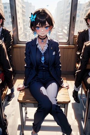 (masterpiece, best quality), high resolution, artistic composition, cute, pretty, ((solo, one girl), (boyish girl), (very short hair, very short hair), girl who looks like a boy, girl dressed like a boy, active girl,
Blake, (full body), (sitting),
((wearing sneakers)), socks, (beautiful blue eyes), jewel-like blue eyes, ((shiny black hair)), black hair, (inside colored hair), blue back hair, two-tone hair, Blake, (school bag), holding bag, cross lace choker, cross necklace, cross earrings, (short pointed ears, succubus demon ears :0.5), Blake, blue butterfly hair accessory, (cross hairpin), (small pink hair accessory near ear :0.4), Blake, (dark blue blazer uniform), navy blue high school uniform,
Blake, (checked slacks :1.3), (Checked uniform pants), (Thick blazer uniform), (Blue tie), White dress shirt, No military uniform, (No formal wear, No black uniform: 0.5), Collarbone, Chest, Uniform, (Succubus, Voluptuous feminine beauty: 0.4), Break, (Train shoes), Boyish sneakers, High school boy's shoes, No black shoes, White socks