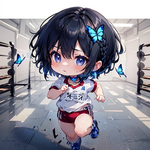 Cute 2D character, Chibi character, Moving Chibi character, Full body Chibi character), BREAK 1 girl,(Solo),(Glossy black hair),(Very short hair, Boyish beautiful girl: 1.2),(Short back hair, long front hair),(Blue butterfly hair accessory),BREAK,(Focus on girl, Female chest),(Blue eyes, Beautiful like jewels),BREAK,(Cute gestures: 1.2),(Blue cross earrings, Cross lace choker),Blue hair on the inside,(Blue butterfly hair accessory on head,BREAK,((Running up a slope)),(Girl running hard in gym clothes: 1.2),BREAK,White shirt with red collar,White shirt with red sleeves,Fitted tight buruma,((Dark blue buruma)), ((Adidas logo, Dark blue buruma)),BRS2, ​​KJP530SR, burumaR2,