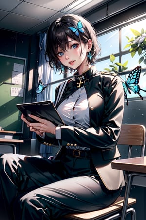 Masterpiece, top quality, adorable and cute illustration, succubus princess, beautiful, aesthetic and cute, only daughter, solo, looking at the camera, blushing, smiling half-beautiful woman,
Blake,
((Gakuran neck hook)),
(Gakuran),school uniform, boyish beautiful girl,
Jet black school uniform jacket, white shirt, (school uniform Gakuran collar), men's clothing,((very short hair)),
Blake,
(The background is the school's broadcasting room. Behind the glass of the recording studio is the school cafeteria, where there are several students: 1), a large microphone for radio recording, a girl broadcasting on the school campus,
Jewel-like blue eyes are so beautiful that they seem to suck you in.
Short hair, (black and brown bangs), black and brown medium hair, holy cross hair ornament, shiny blue cross hair ornament, blue cross clip, two-tone hair with shiny inner hair (brown and blue),
Break,
Accessories include gold and silver jewelry, x hair ornament, and cross hair clip.
butterfly earrings, butterfly and jeweled choker, (silk jet black lace choker), feminine black lace choker
rest,
(beautiful girl in trousers, uniform slacks decorated with flowers: 1), sitting, taking notes, (checking on smartphone), (smartphone: 1), blue butterfly, black devil's tail,Gakuran uniform