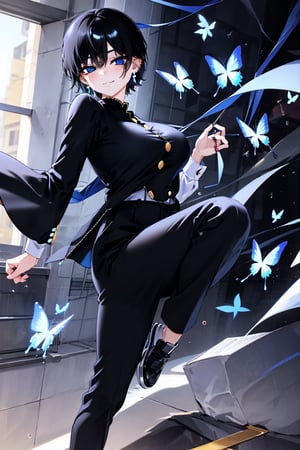 Masterpiece, best quality, super detailed, high resolution,
1 girl, (gakuran), (student uniform, ((gakuran, pants)), gakuran student, black clothes, Taisho Romance: 0.5),
pants, slacks, (wearing school uniform, school uniform, gold buttons),
open clothes, white shirt visible through open clothes, gakuran uniform shirt,, double jacket,

Succubus girl, beautiful and detailed, elegant, full body, female, young, beautiful, face, smiling, large breasts,

Very small pink hair ribbon, ribbon under hair, next to ear ribbon

Beautiful blue eyes that captivate the viewer,
(((beautiful boyish girl))), (((very short hair))), very cute and beautiful like a boy,
(((eyeshadow))), (big breasts), beautiful breasts,

(((beautiful black hair))), (shiny black hair: 1.3), ((very short hair, beautiful boyish girl)), blue butterfly hair accessory, lace choker, cross accessory, earrings, blue hair accessory, (small pink ribbon hair accessory: 0.6)