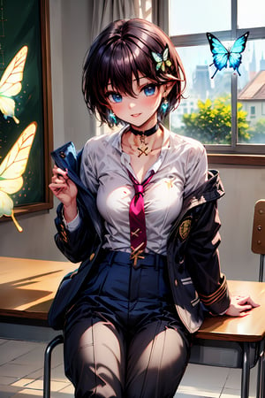 Masterpiece, highest quality, illustration, succubus princess, cute, cute, (portrait: 1), (close-up:1), 1 girl, solo, looking at viewer, blushing, smiling,

Off-shoulder, (off-shoulder gakuran), (taking off school uniform), (((pants are taken off and shorts are visible)))

school gakuran uniform
,((gakuran neck hook)),
school uniform,
gakuran pants,uniform white shirt,
uniform black slacks,gakuran gold buttons
open clothes,
double jacket,
big breasts
((very short hair:1.2)),
((boyish beautiful girl:1.4)),

Beautiful black lingerie, succubus pointed ears, succubus tail, succubus markings, tattoo on lower abdomen

Her blue jewel-like eyes are so beautiful that you can almost be sucked into them.
Short hair, small braids (bangs are black and brown), hair between black and brown, holy cross hair ornament, shining blue cross hair ornament, blue cross clip, shiny inner hair (brown and blue) two-tone hair)

Accessories include gold and silver jewelry, x hair ornaments, and cross hair clips.
Butterfly earrings, butterfly & jewel choker (earrings & choker), (silk jet black lace choker), feminine black lace choker

Butterfly earrings, butterfly and jewel choker,
(Earrings and Chokers), A choker is a jet black lace choker accessory that resembles silk women's underwear or gold or silver jewelry.

short hair, bangs, blue eyes, brown hair, shirt, hair ornament, long sleeves, hair between the eyes, sitting, school uniform, jacket, white shirt, parted lips, tie, hair clip, collared shirt, pants, indoors, , medium hair, black jacket, plaid, window,
Plaid slacks, chair, black pants, blazer, hair ornament, school