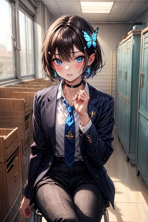 Masterpiece, highest quality, illustration, succubus princess, cute, cute,  (close-up:1), (((1 girl, solo))), looking at viewer, blushing, 
blue eyes、shiny black hair, (((very short, boyish))),
(Very short hair:1.4), (((boyish beautiful girl))), (sensual gestures:1.3), ((undressing:0.5)),

Her blue jewel-like eyes are so beautiful that you can almost be sucked into them.
Short hair, small braids (bangs are black and brown), hair between black and brown, holy cross hair ornament, shining blue cross hair ornament, blue cross clip, shiny inner hair (brown and blue) two-tone hair)

Accessories include gold and silver jewelry, x hair ornaments, and cross hair clips.
Butterfly earrings, butterfly & jewel choker (earrings & choker), (silk jet black lace choker), feminine black lace choker

Butterfly earrings, butterfly and jewel choker,
(Earrings and Chokers), A choker is a jet black lace choker accessory that resembles silk women's underwear or gold or silver jewelry.

short hair, bangs, blue eyes, brown hair, shirt, hair ornament, long sleeves, hair between the eyes, sitting, school uniform, jacket, white shirt, parted lips, tie, hair clip, collared shirt, pants, indoors, , black Blue jacket, plaid, 
Plaid slacks, chair, check pants, blazer, hair ornament, blue necktie, (((school)))、Hallway, gym, during class, gym storeroom, girls' locker room, school hallway