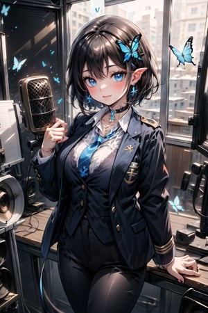 Masterpiece, highest quality, lovely and cute illustration, succubus princess, beautiful, aesthetic and cute, only daughter, solo, looking at the camera, blushing, smiling half-beautiful woman,
Break,
(The background is the school's broadcasting room. Behind the glass of the recording studio is the school cafeteria, where several students are:1), a large microphone for radio recording, a girl is broadcasting on the school's campus,

Her jewel-like blue eyes are so beautiful that they seem to draw you in.
Short hair, (black and brown bangs), black and brown medium hair, holy cross hair ornament, shiny blue cross hair ornament, blue cross clip, two-tone hair with shiny inner hair (brown and blue),
Break,
Accessories include gold and silver jewelry, x hair ornament, and cross hair clip.
Butterfly earrings, butterfly and jeweled choker, (silk jet black lace choker), feminine black lace choker
break,
(beautiful girl in trousers, uniform slacks decorated with flowers:1), take notes, check on smartphone,smartphone
navy blue blazer uniform jacket, white shirt and tie, collared shirt, open jacket, blue butterfly,(black devil's tail),