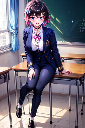 Masterpiece, best quality, super detailed, high resolution, ((solo girl)),
1 girl,((Gakuran at school, Gakuran neck hook, gold buttons, Gakuran dress shirt))、
school uniform,
((school uniform collar)), black school uniform collar,
school uniform pants,
uniform white shirt,
uniform black slacks,
(school uniform gold buttons)
open clothes,
double jacket,

big breasts,
((very short hair)),
(((boyish beautiful girl)))
very cute and beautiful like a boy, (((eyeshadow))), (big breasts), beautiful breasts, (((beautiful black hair))), (shiny black hair: 1.3), very short hair, boyish beautiful girl
, (school uniform), big breasts, school uniform, (school uniform, pants), student in school uniform, white shirt, Taisho Roman: 1.2), pants, slacks, (wearing school uniform, school uniform, gold buttons), open clothes, double jacket, succubus girl, beautiful and detailed, elegant, full body, female, young, beautiful, face, smile, big breasts, very small pink hair ribbon, ribbon under hair, ribbon next to ear, beautiful blue eyes that captivate the viewer, blue butterfly hair ornament, lace choker, cross accessory, earrings, blue hair ornament, (small pink ribbon hair ornament: 0.6)