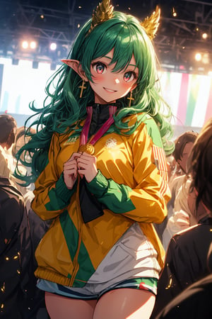 Paris Olympics, ((Olympic Ceremony))), Beautiful anime-style woman, One girl,
(Red eyes: 1.3), (Ruby eyes, Red gemstone eyes), (Shiny green hair, Shiny green hair, Long hair with green sparkles, Aristocratic wavy green hair), Cross lace choker, Cross necklace, Cross earrings, ((Short pointed ears, Succubus demon ears)),
Blake, (((Wearing a tricolor uniform))), (((Holding high a shiny gold Olympic medal))), (Paris Olympics, Gold medal award ceremony, Beautiful girl celebrating with medal in hand), The lighting is soft and warm, with a subtle glow surrounding her winning pose. Her eyes sparkle with joy and a smile spreads across her face as she holds the medal in her hands amid the admiration of the crowd, ((Olympic Stadium, Indoors, Crowd in Distance Stands, Stadium, Olympic Venue)), Olympic Stadium, Indoors, Vibrant Colors, Sharp Focus, Best Quality, Depth of Field, Cinematic Lighting, (Illustration, 8k CG, Extremely Detailed), Ultra Detailed, High Resolution, Fireflies, Perfect Light, 8k, Very Clear, Best Quality, High Resolution. Best Quality, Illustration, Saxe Blue, 1 Girl, Cute, (Dynamic Lighting:1.2), Cinematic Lighting, Delicate Features, Fine Eyes, Sharp Pupils, Realistic Pupils, Depth of Field, Bokeh, Sharp Focus, (Ultra Detailed, Bloom, Sparkle:1.4), Lots of Tiny Jewels, On the Journey