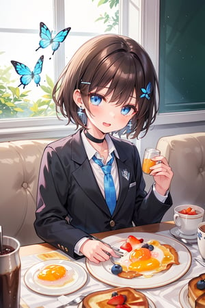 Top quality (Beautiful Landing Official Game Character Reference Sheet: 1), Description, (Facial expression variation: 1), (Clothing, Chibi character illustration: 1.1), 2-head character

break,
(1 female, solo: 1.4),
break,
(Breakfast, a 17-year-old beautiful girl's dining table, a cute breakfast that looks good in her school uniform: 1.3), (surrounded by flowers), the background is breakfast in a person's living room,

,(closed shirt and thin chest),(boyish beauty is beautiful like a boy),
(Slightly pointed beautiful ears: 0.7),
(Short hair, beautiful shiny black hair, dark brown hair: 1.3), (Two-tone hair with light blue inside: 0.7)

Cross hairpin, (jewel-like blue eyes), blue butterfly hair ornament, beautiful eyes,
Lace choker, wide frills, cross (shiny blue), blue dyed hair, blue butterflies flying around.
,
cross hairpin,
blue eyes,
Magical eyes like blue jewels), blue butterfly hair ornaments, beautiful eyes,
lace choker, wide frill)
A cross (shiny blue) shines on the choker, the cross earrings glow blue and dye her hair, and blue butterflies fly around.
break,
, (blazer uniform, blue tie, beautiful legs in checkered pants), checkered blazer uniform and pure white shirt (closed shirt collar and boy's uniform tie), holy high school girl reminiscent of Sister Nun, beautiful legs, brown leather shoes,
(sensual pose),
break,
(Liar's blush:), (Devil's embarrassed face:), (evil smile), (opens mouth), (closes eyes),
break,

break,
(Vivid colors), (Realistic colors), (Transparent colors), (Shiny colors),