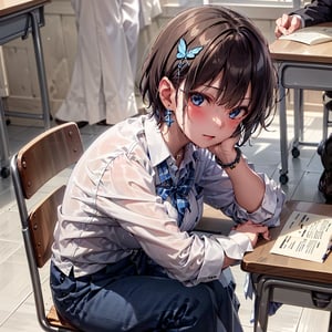 Very detailed, high quality, masterpiece, beautiful, BREAK 1 girl, (solo), (16 years old), (very short hair, boyish beautiful girl: 1.2), (short hair at the back, long hair at the front)
Blake,
(girl focus, female breasts), (blue eyes, beautiful like jewels), embarrassed expression, BREAK,
((sitting at a desk, sitting on a desk)), sitting in a school library or at a desk in a classroom, illustration of an open notebook, old illustration of a female demon in a book illustration, pencil drawing of a succubus in an ancient manuscript, old ancient manuscript,
BREAK, dark blue blazer uniform, white collar shirt, long sleeves, (blue tie), (gray and blue checkered blazer pants, blue checkered pants), dark jacket, peeking, BREAK viewer, concentrating, tilting head, (cute gestures: 1.2), ((blue cross) earrings, blue inside of hair), blue butterfly hair ornament on head