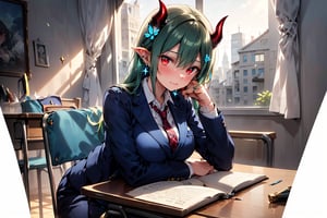 Very detailed, high quality, masterpiece, beautiful, BREAK 1 Girl, (beautiful red horns of a demon), (green hair), (close-up: 0.9), (16 years old), (fluffy, fragrant, shiny green hair, yellow-green inside, hair starting to dye), Blake, (self-hugging, hugging own body, hiding breasts with both arms),
(noble's long hair: 1.2), ((red eyes, beautiful as a jewel)), (short pointed ears, succubus's short pointed ears: 1)
Blake, (girl focus, female breasts), (blue eyes, beautiful as a jewel), embarrassed expression, BREAK, studying in a school library or studying in a classroom, (illustration of an open notebook, old illustration of a female demon in a book illustration:), (pencil drawing of a succubus in an ancient manuscript, old ancient manuscript), BREAK, dark blue blazer uniform, white collar shirt, long sleeves, (blue tie), (checkered blazer pants, checkered pants), dark jacket, peeking, BREAK viewer, (focus on face), sitting on chair studying, concentrating, tilting head, (cute gestures: 1.2), ((blue cross earrings, blue inside of hair)), blue butterfly hair ornament on head