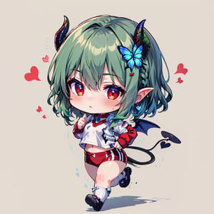 Cute 2D character, Chibi character, Moving Chibi character, Full body Chibi character), BREAK, One girl, (Solo), ((Heart-shaped tail)), Demon's wings, (16 years old), (Glossy green hair: 1.2), (Red eyes and red horns) BREAK, (Focus on girl, Female breasts), (Red succubus eyes, Beautiful like jewels), Cute expression, BREAK, ((Running uphill)), Marathon in girl's gym clothes, BREAK, White shirt with red collar, White shirt with red sleeves, BREAK, (Cute gestures: 1.2), ((Blue cross) earrings, Hair with blue inside), ((Blue butterfly hair ornament on head)), Buruma running uphill, Tight Buruma, BRS2, ​​​​KJP530SR, BurumaR2,