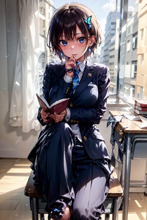 Very detailed, high quality, masterpiece, beautiful, BREAK 1 girl, (solo), (16 years old), (very short hair, boyish beautiful girl: 1.2), (short hair at the back, long hair at the front)
Blake,
(girl focus, female breasts), (blue eyes, beautiful like jewels), embarrassed expression, BREAK,
((sitting at a desk, sitting on a desk)), sitting in a school library or at a desk in a classroom, illustration of an open notebook, old illustration of a female demon in a book illustration, pencil drawing of a succubus in an ancient manuscript, old ancient manuscript,
BREAK, dark blue blazer uniform, white collar shirt, long sleeves, (blue tie), (gray and blue checkered blazer pants, blue checkered pants), dark jacket, peeking, BREAK viewer, concentrating, tilting head, (cute gestures: 1.2), ((blue cross) earrings, blue inside of hair), blue butterfly hair ornament on head