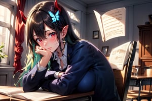 Very detailed, high quality, masterpiece, beautiful, BREAK 1 Girl, (beautiful red horns of a demon), (close-up: 0.9), (16 years old), (fluffy, fragrant, shiny green hair, yellow-green inside, hair starting to dye), Blake, (self-hugging, hugging own body, hiding breasts with both arms),
(noble's long hair: 1.2), ((red eyes, beautiful as a jewel)), (short pointed ears, succubus's short pointed ears: 1)
Blake, (girl focus, female breasts), (blue eyes, beautiful as a jewel), embarrassed expression, BREAK, studying in a school library or studying in a classroom, (illustration of an open notebook, old illustration of a female demon in a book illustration:), (pencil drawing of a succubus in an ancient manuscript, old ancient manuscript), BREAK, dark blue blazer uniform, white collar shirt, long sleeves, (blue tie), (checkered blazer pants, checkered pants), dark jacket, peeking, BREAK viewer, (focus on face), sitting on chair studying, concentrating, tilting head, (cute gestures: 1.2), ((blue cross earrings, blue inside of hair)), blue butterfly hair ornament on head