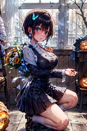 Very detailed, high quality, masterpiece, beautiful,
Blake,
Theme: Coffee shop on a rainy day in autumn
Style: Cozy and atmospheric, focusing on expressing the warmth and comfort of a rainy day.
((Big bouquet:1.3)),(Beautiful hands holding a bouquet: 1.2),(Halloween🎃, lots of pumpkins in the background: 1.3)

, BREAK 1 Girl,(Solo),(16 years old),(Very short hair, Boyish beautiful girl: 1.2),(Short hair in the back, long hair in the front) BREAK,(Blue eyes, beautiful like jewels),Cute facial expression,(Cute gestures: 1.2),((Blue cross) earrings, blue hair inside),Blue butterfly hair ornament on head,Blake,Long skirt down to the knees, Cute high school girl uniform in light blue,Long skirt,((Furinkan High School girls' uniform)),((Mary Jane, black leather shoes)),Apron dress,High school girl uniform