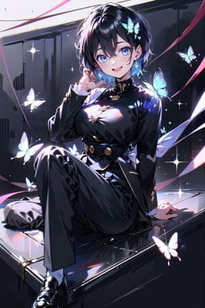 Masterpiece, best quality, super detailed, high resolution,
1 girl, (((gakuran))、medium breasts, (school uniform, (((gakuran, pants))), gakuran student, black clothes, Taisho Roman:1.2), 
Pants, slacks, (wearing school uniform, school uniform, gold buttons),
open clothes, double jacket,

Succubus girl, beautifully detailed, elegant, full body, female, young, beautiful, face, smile, large breasts,

Very small pink hair ribbon, ribbon under hair, ribbon next to ear

Beautiful blue eyes that captivate the viewer,
(((boyish beautiful girl))), (((very short hair))), very cute and beautiful like a boy,
(((eyeshadow))), (large breasts), beautiful breasts,

(((beautiful black hair))),(shiny black hair:1.3),((very short hair, boyish beautiful girl)), blue butterfly hair ornament, lace choker, cross accessory, earrings, blue hair lining, (small pink ribbon hair ornament:0.6)