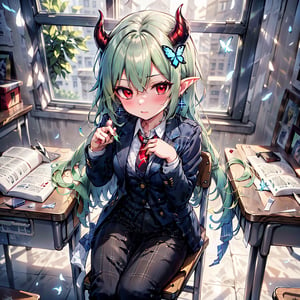 (Cute two-headed character, chibi character, moving chibi character, full body chibi character),BREAK 1 girl, (solo), (16 years old),
 (fluffy, fragrant, shiny green hair, yellow-green inside, hair starting to dye),
(noble's long hair: 1.2), ((red eyes, beautiful as a jewel)), (short, pointed ears, succubus's short, pointed ears: 1)
Blake, (girl focus, female breasts), (blue eyes, beautiful as a jewel), embarrassed expression, BREAK, studying in a school library or studying in a classroom, (open notebook illustration, old illustration of a female demon in a book illustration:), (pencil drawing of a succubus in an ancient manuscript, old ancient manuscript), BREAK, dark blue blazer uniform, white collar shirt, long sleeves, (blue tie), (checkered blazer pants, checkered pants), dark jacket, peeking, BREAK viewer, (focus on face), sitting in a chair studying, concentrating, tilting head, (cute gestures: 1.2), ((blue cross earrings, blue inside of hair), blue butterfly hair ornament on head