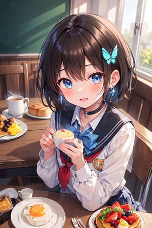 Masterpiece, highest quality, illustration, succubus princess, (cute), cute, (portrait: 0.9), (close-up: 0.9), 1 girl, solo, looking at camera, blushing, smiling,
break,
(1 female, solo: 1.4),
break,
(big Breakfast, a 17-year-old beautiful girl's dining table, a cute breakfast that looks good in her school uniform: 1.3), (surrounded by flowers), the background is breakfast in a person's living room,

,(closed shirt and thin chest),(boyish beauty is beautiful like a boy),
(Slightly pointed beautiful ears: 0.7),
(Short hair, beautiful shiny black hair, dark brown hair: 1.3), (Two-tone hair with light blue inside: 0.7)

Cross hairpin, (jewel-like blue eyes), blue butterfly hair ornament, beautiful eyes,
Lace choker, wide frills, cross (shiny blue), blue dyed hair, blue butterflies flying around.
,
cross hairpin,
blue eyes,
Magical eyes like blue jewels), blue butterfly hair ornaments, beautiful eyes,
lace choker, wide frill)
A cross (shiny blue) shines on the choker, the cross earrings glow blue and dye her hair, and blue butterflies fly around.
break,
, (blazer uniform, blue tie, beautiful legs in checkered pants), checkered blazer uniform and pure white shirt (closed shirt collar and boy's uniform tie), holy high school girl reminiscent of Sister Nun, beautiful legs, brown leather shoes,
(sensual pose),
break,
(Liar's blush:), (Devil's embarrassed face:), (evil smile), (opens mouth), (closes eyes),
break,

break,
(Vivid colors), (Realistic colors), (Transparent colors), (Shiny colors),