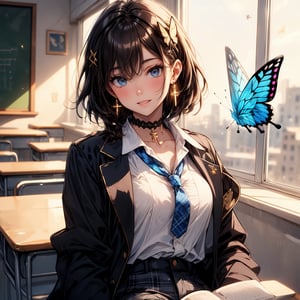 Masterpiece, highest quality, illustration, succubus princess, cute, cute, (portrait: 1), (close-up:1), 1 girl, solo, looking at viewer, blushing, smiling,


Her blue jewel-like eyes are so beautiful that you can almost be sucked into them.
Short hair, small braids (bangs are black and brown), hair between black and brown, holy cross hair ornament, shining blue cross hair ornament, blue cross clip, shiny inner hair (brown and blue) two-tone hair)

Accessories include gold and silver jewelry, x hair ornaments, and cross hair clips.
Butterfly earrings, butterfly & jewel choker (earrings & choker), (silk jet black lace choker), feminine black lace choker

Butterfly earrings, butterfly and jewel choker,
(Earrings and Chokers), A choker is a jet black lace choker accessory that resembles silk women's underwear or gold or silver jewelry.

short hair, bangs, blue eyes, brown hair, shirt, hair ornament, long sleeves, hair between the eyes, sitting, school uniform, jacket, white shirt, parted lips, tie, hair clip, collared shirt, pants, indoors, , medium hair, black jacket, plaid, window,
Plaid slacks, chair, black pants, blazer, hair ornament, blue tie, desk, school desk