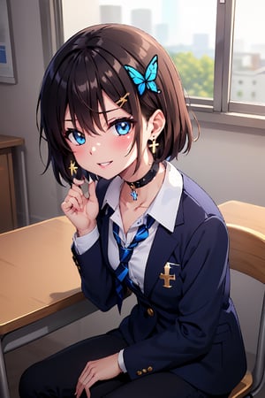 Masterpiece, highest quality, illustration, succubus princess, cute, cute, (portrait: 1), (close-up:1), 1 girl, solo, looking at viewer, blushing, smiling,


Her blue jewel-like eyes are so beautiful that you can almost be sucked into them.
Short hair, small braids (bangs are black and brown), hair between black and brown, holy cross hair ornament, shining blue cross hair ornament, blue cross clip, shiny inner hair (brown and blue) two-tone hair)

Accessories include gold and silver jewelry, x hair ornaments, and cross hair clips.
Butterfly earrings, butterfly & jewel choker (earrings & choker), (silk jet black lace choker), feminine black lace choker

Butterfly earrings, butterfly and jewel choker,
(Earrings and Chokers), A choker is a jet black lace choker accessory that resembles silk women's underwear or gold or silver jewelry.

short hair, bangs, blue eyes, brown hair, shirt, hair ornament, long sleeves, hair between the eyes, sitting, school uniform, jacket, white shirt, parted lips, tie, hair clip, collared shirt, pants, indoors, , medium hair, black jacket, plaid, window,
Plaid slacks, chair, black pants, blazer, hair ornament, blue tie, desk, school desk