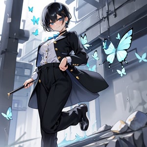 Masterpiece, best quality, super detailed, high resolution,
1 girl, (gakuran), (student uniform, ((gakuran, pants)), gakuran student, black clothes, Taisho Romance: 0.5),
pants, slacks, (wearing school uniform, school uniform, gold buttons),
open clothes, white shirt visible through open clothes, gakuran uniform shirt,, double jacket,

Succubus girl, beautiful and detailed, elegant, full body, female, young, beautiful, face, smiling, large breasts,

Very small pink hair ribbon, ribbon under hair, next to ear ribbon

Beautiful blue eyes that captivate the viewer,
(((beautiful boyish girl))), (((very short hair))), very cute and beautiful like a boy,
(((eyeshadow))), (big breasts), beautiful breasts,

(((beautiful black hair))), (shiny black hair: 1.3), ((very short hair, beautiful boyish girl)), blue butterfly hair accessory, lace choker, cross accessory, earrings, blue hair accessory, (small pink ribbon hair accessory: 0.6)