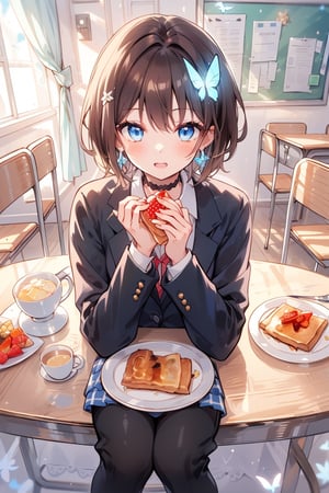 Masterpiece, highest quality, illustration, succubus princess, cute, cute, (portrait: 0.9), (close-up: 0.9), 1 girl, solo, looking at camera, blushing, smiling,
break,
(1 female, solo: 1.4),
break,
(Breakfast, a 17-year-old beautiful girl's dining table, a cute breakfast that looks good in her school uniform: 1.3), (surrounded by flowers), the background is breakfast in a person's living room,

,(closed shirt and thin chest),(boyish beauty is beautiful like a boy),
(Slightly pointed beautiful ears: 0.7),
(Short hair, beautiful shiny black hair, dark brown hair: 1.3), (Two-tone hair with light blue inside: 0.7)

Cross hairpin, (jewel-like blue eyes), blue butterfly hair ornament, beautiful eyes,
Lace choker, wide frills, cross (shiny blue), blue dyed hair, blue butterflies flying around.
,
cross hairpin,
blue eyes,
Magical eyes like blue jewels), blue butterfly hair ornaments, beautiful eyes,
lace choker, wide frill)
A cross (shiny blue) shines on the choker, the cross earrings glow blue and dye her hair, and blue butterflies fly around.
break,
, (blazer uniform, blue tie, beautiful legs in checkered pants), checkered blazer uniform and pure white shirt (closed shirt collar and boy's uniform tie), holy high school girl reminiscent of Sister Nun, beautiful legs, brown leather shoes,
(sensual pose),
break,
(Liar's blush:), (Devil's embarrassed face:), (evil smile), (opens mouth), (closes eyes),
break,

break,
(Vivid colors), (Realistic colors), (Transparent colors), (Shiny colors),