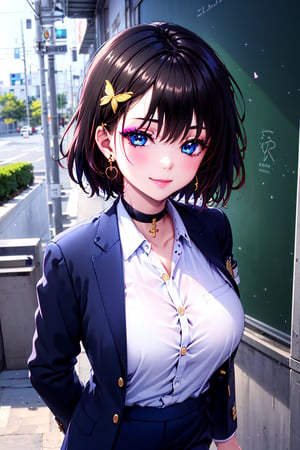 Masterpiece, best quality, super detailed, high resolution, ((solo girl)),
1 girl,((Gakuran at school, Gakuran neck hook, gold buttons, Gakuran dress shirt))、
school uniform,
((school uniform collar)), black school uniform collar,
school uniform pants,
uniform white shirt,
uniform black slacks,
(school uniform gold buttons)
open clothes,
double jacket,

big breasts,
((very short hair)),
(((boyish beautiful girl)))
very cute and beautiful like a boy, (((eyeshadow))), (big breasts), beautiful breasts, (((beautiful black hair))), (shiny black hair: 1.3), very short hair, boyish beautiful girl
, (school uniform), big breasts, school uniform, (school uniform, pants), student in school uniform, white shirt, Taisho Roman: 1.2), pants, slacks, (wearing school uniform, school uniform, gold buttons), open clothes, double jacket, succubus girl, beautiful and detailed, elegant, full body, female, young, beautiful, face, smile, big breasts, very small pink hair ribbon, ribbon under hair, ribbon next to ear, beautiful blue eyes that captivate the viewer, blue butterfly hair ornament, lace choker, cross accessory, earrings, blue hair ornament, (small pink ribbon hair ornament: 0.6)