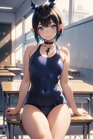 (old school swimsuit),(logo on swimsuit, white product tag on school swimsuit), big-breasted beautiful girl in school swimsuit sitting at desk in classroom,(large breasts),exposed shoulders,sitting,collarbone,swimsuit,thighs,indoors,(school swimsuit,school-designated swimsuit,blue one-piece swimsuit),exposed arms,covered navel,chair,classroom desk,inside classroom,

Blake,lustrous black hair,blue eyes,
(boyish girl),(very short hair,very short hair),girl who looks like a boy,girl dressed like a boy,active girl,

Blake,
cross lace choker,cross necklace,cross earrings,((short pointed ears,succubus demon ears)),
,vibrant colors,sharp focus,best quality,depth of field,cinema-like lighting,(illustration,8k CG,very detailed),ultra-detailed,high resolution,firefly,perfect light,8k,very clear,best quality,high resolution. Best quality, illustration, sax blue, 1 girl, cute, (dynamic lighting: 1.2), cinematic lighting, delicate facial features, detailed eyes, sharp pupils, realistic eyes, depth of field, bokeh, sharp focus, (ultra detail, bloom, shimmer: 1.4), lots of little gems,((S41 school swimsuit))