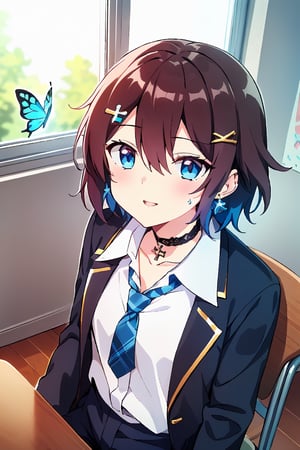 Masterpiece, highest quality, illustration, succubus princess, cute, cute, (portrait: 1), (close-up:1), 1 girl, solo, looking at viewer, blushing, smiling,


Her blue jewel-like eyes are so beautiful that you can almost be sucked into them.
Short hair, small braids (bangs are black and brown), hair between black and brown, holy cross hair ornament, shining blue cross hair ornament, blue cross clip, shiny inner hair (brown and blue) two-tone hair)

Accessories include gold and silver jewelry, x hair ornaments, and cross hair clips.
Butterfly earrings, butterfly & jewel choker (earrings & choker), (silk jet black lace choker), feminine black lace choker

Butterfly earrings, butterfly and jewel choker,
(Earrings and Chokers), A choker is a jet black lace choker accessory that resembles silk women's underwear or gold or silver jewelry.

short hair, bangs, blue eyes, brown hair, shirt, hair ornament, long sleeves, hair between the eyes, sitting, school uniform, jacket, white shirt, parted lips, tie, hair clip, collared shirt, pants, indoors, , medium hair, black jacket, plaid, window,
Plaid slacks, chair, black pants, blazer, hair ornament, blue tie, desk, school desk