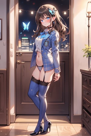 Masterpiece, Best Quality, 2020 Anime, Succubus Queen, (Portrait: 0.7), (Close-up: 0.7),
(1 girl, solo)
Jewel blue eyes, hair ornament, school uniform, jacket, white shirt, (light brown black hair) cross earrings, blue or shiny, lace choker with cross, collared shirt, pants, (open jacket on dark blue uniform), dress shirt , checked pants, slightly shiny hair waves, uniform blazer, butterfly, blue tie, cross hairpin, butterfly hair ornament, hidden shirt, striped blue tie, blue butterfly, (plaid uniform pants), (night) , Background Dining room at night, outdoors, downtown, late night downtown

(Underwear: 1.3), (Black stockings: 1.2), High heels,
break,
(Standing: 1.3), dynamic pose,
break,
(blush: 1.2), (smile: 1.3),
break,
(Whole body: 0.4), (From the side: 1.2), (Profile: 0.6), (From the front: 1.4),

break,
(Closet room with lots of clothes: 1),
break,
dynamic angle,
break,
(Pale and vivid colors: 0.6), (Real: 0.6), (Ultra wide-angle shooting: 0.6), (White background: 0.6)