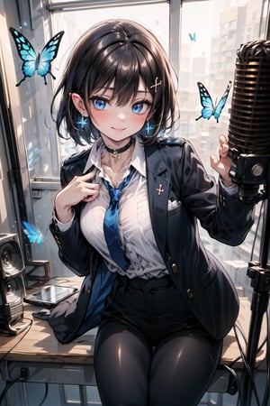 Masterpiece, highest quality, lovely and cute illustration, succubus princess, beautiful, aesthetic and cute, only daughter, solo, looking at the camera, blushing, smiling half-beautiful woman,
Break,
(The background is the school's broadcasting room. Behind the glass of the recording studio is the school cafeteria, where several students are:1), a large microphone for radio recording, a girl is broadcasting on the school's campus,

Her jewel-like blue eyes are so beautiful that they seem to draw you in.
Short hair, (black and brown bangs), black and brown medium hair, holy cross hair ornament, shiny blue cross hair ornament, blue cross clip, two-tone hair with shiny inner hair (brown and blue),
Break,
Accessories include gold and silver jewelry, x hair ornament, and cross hair clip.
Butterfly earrings, butterfly and jeweled choker, (silk jet black lace choker), feminine black lace choker
break,
(beautiful girl in trousers, uniform slacks decorated with flowers: 1), sit, take notes, (check on smartphone), (smartphone: 1)
navy blue blazer uniform jacket, white shirt and tie, collared shirt, open jacket, blue butterfly,black devil's tail