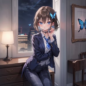 Masterpiece, Best Quality, 2020 Anime, Succubus Queen, 
(1 female, solo), smile, short hair, bangs, jewel blue eyes, hair ornament, long sleeves, hair between the eyes, school uniform, jacket, white shirt, (light brown black hair) cross earrings blue or shiny , open clothes, lace choker with cross, stripes, collared shirt, pants, (dark blue uniform with open jacket), dress shirt, checked pants, slightly shiny hair waves, uniform blazer, fluttering butterfly, blue tie, cross Hairpin, butterfly hair ornament, hidden shirt, striped blue tie, blue butterfly, (plaid uniform pants), (night), background Dining room at night,
break,
(Cute sitting model pose), (hand between legs: 1.2), (leaning forward: 1), (cowboy shot: 1.4), (from the front), (from diagonally in front: 1.3), staring) Observer: 1.4), (upward gaze: 1.2),
break,
(Underwear: 1.3), (Black stockings: 1.2), High heels,
break,
(Standing: 1.3), dynamic pose,
break,
(blush: 1.2), (smile: 1.3),
break,
(Whole body: 0.4), (From the side: 1.2), (Profile: 0.6), (From the front: 1.4),
break,
(Closet room with lots of clothes: 1.4),
break,
dynamic angle,
break,
(Pale and vivid colors: 0.6), (Real: 0.6), (Ultra wide-angle shooting: 0.6), (White background: 0.6),virgin destroyer sweater