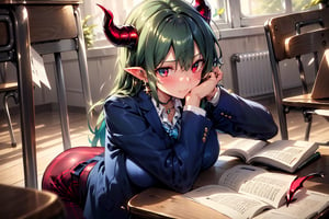 Very detailed, high quality, masterpiece, beautiful, BREAK 1 Girl, (beautiful red horns of a demon), (green hair), (close-up: 0.9), (16 years old), (fluffy, fragrant, shiny green hair, yellow-green inside, hair starting to dye), Blake, (self-hugging, hugging own body, hiding breasts with both arms),
(noble's long hair: 1.2), ((red eyes, beautiful as a jewel)), (short pointed ears, succubus's short pointed ears: 1)
Blake, (girl focus, female breasts), (blue eyes, beautiful as a jewel), embarrassed expression, BREAK, studying in a school library or studying in a classroom, (illustration of an open notebook, old illustration of a female demon in a book illustration:), (pencil drawing of a succubus in an ancient manuscript, old ancient manuscript), BREAK, dark blue blazer uniform, white collar shirt, long sleeves, (blue tie), (checkered blazer pants, checkered pants), dark jacket, peeking, BREAK viewer, (focus on face), sitting on chair studying, concentrating, tilting head, (cute gestures: 1.2), ((blue cross earrings, blue inside of hair)), blue butterfly hair ornament on head