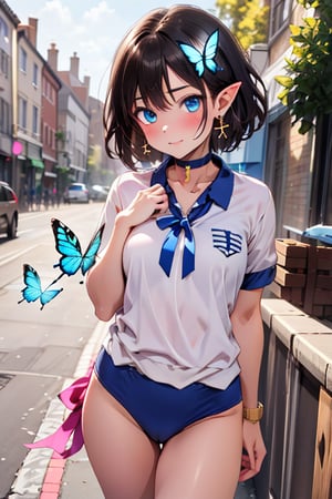 absurdres, highres, ultra detailed, (1girl:1.3),BREAK ,(teenage girl:1.3), intricate detailed gym uniform),(buruma:1.2),front view,looking at viewer,(thigh:1.4),cute pose,(strong wind:1.2), 

(((Very short))), Very short hair, ((Boyish)), Boyish beautiful girl,
Beautiful and lustrous black hair and dark brown hair color, (Succubus pointed ears: 0.9), The tips of the pointed ears are hidden by the hair, (Two-tone hair that glows blue behind the hair), Pink ribbon around the ears, (Petal-shaped ribbon), (Pink petals in the hair: 1), beautiful blue eyes that captivate the viewer,
blue butterfly hair ornament on her head, blue butterflies fluttering in the background, cross accessories, cross lace choker and cross earrings