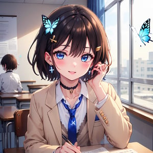 Masterpiece, highest quality, illustration, succubus princess, cute, cute, (portrait: 1), (close-up:1), 1 girl, solo, looking at viewer, blushing, smiling,


Her blue jewel-like eyes are so beautiful that you can almost be sucked into them.
Short hair, small braids (bangs are black and brown), hair between black and brown, holy cross hair ornament, shining blue cross hair ornament, blue cross clip, shiny inner hair (brown and blue) two-tone hair)

Accessories include gold and silver jewelry, x hair ornaments, and cross hair clips.
Butterfly earrings, butterfly & jewel choker (earrings & choker), (silk jet black lace choker), feminine black lace choker

Butterfly earrings, butterfly and jewel choker,
(Earrings and Chokers), A choker is a jet black lace choker accessory that resembles silk women's underwear or gold or silver jewelry.

short hair, bangs, blue eyes, brown hair, shirt, hair ornament, long sleeves, hair between the eyes, sitting, school uniform, jacket, white shirt, parted lips, tie, hair clip, collared shirt, pants, indoors, , medium hair, black jacket, plaid, window,
Plaid slacks, chair, black pants, blazer, hair ornament, blue tie, desk, school desk