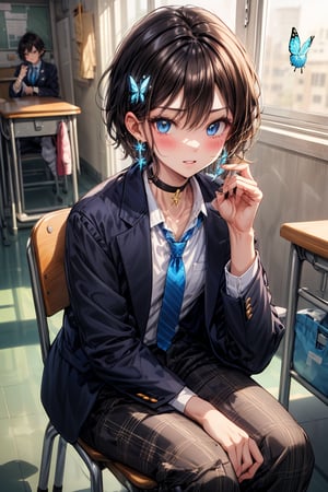 Masterpiece, highest quality, illustration, succubus princess, cute, cute, (close-up:1.2), (((1 girl, solo))), looking at viewer, blushing,blue eyes、shiny black hair, (((very short, boyish))),(Very short hair:1.4), (((boyish beautiful girl))), (sensual gestures:1.3), ((undressing:0.5)),

Her blue jewel-like eyes are so beautiful that you can almost be sucked into them.
Short hair, small braids (bangs are black and brown), hair between black and brown, holy cross hair ornament, shining blue cross hair ornament, blue cross clip, shiny inner hair (brown and blue) two-tone hair)

Accessories include gold and silver jewelry, x hair ornaments, and cross hair clips.
Butterfly earrings, butterfly & jewel choker (earrings & choker), (silk jet black lace choker), feminine black lace choker

Butterfly earrings, butterfly and jewel choker,
(Earrings and Chokers), A choker is a jet black lace choker accessory that resembles silk women's underwear or gold or silver jewelry.

short hair, bangs, blue eyes, brown hair, shirt, hair ornament, long sleeves, hair between the eyes, sitting, school uniform, jacket, white shirt, parted lips, tie, hair clip, collared shirt, pants, indoors, , black Blue jacket, plaid, 
Plaid slacks, chair, check pants, blazer, hair ornament, blue necktie, (((school)))、Hallway, gym, during class, gym storeroom, girls' locker room, school hallway